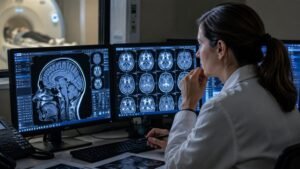 Médica revisando resonancias cerebrales en un centro de diagnóstico