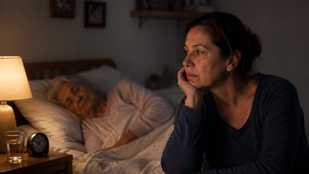 Mujer despierta de noche junto a su madre dormida, agotada por el cuidado
