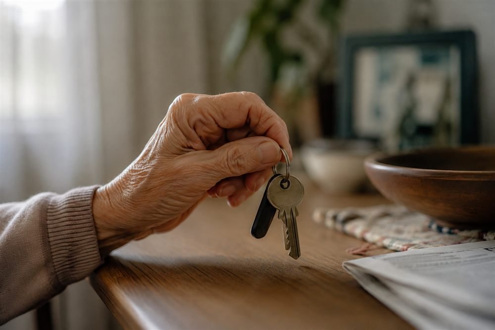 Mano de una persona mayor sosteniendo unas llaves sobre la mesa del comedor